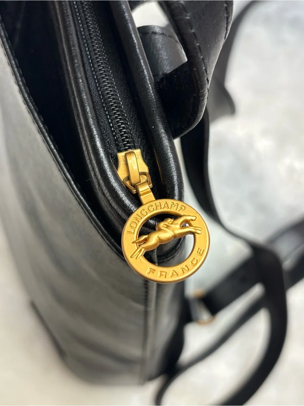 Longchamp Roseau Black Leather Backpack France  Minimalist Daypack Vintage